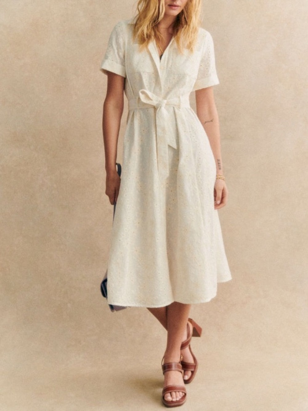 Sézane Adèle dress in embroidered ecru, featuring a classic collar, chest pocket